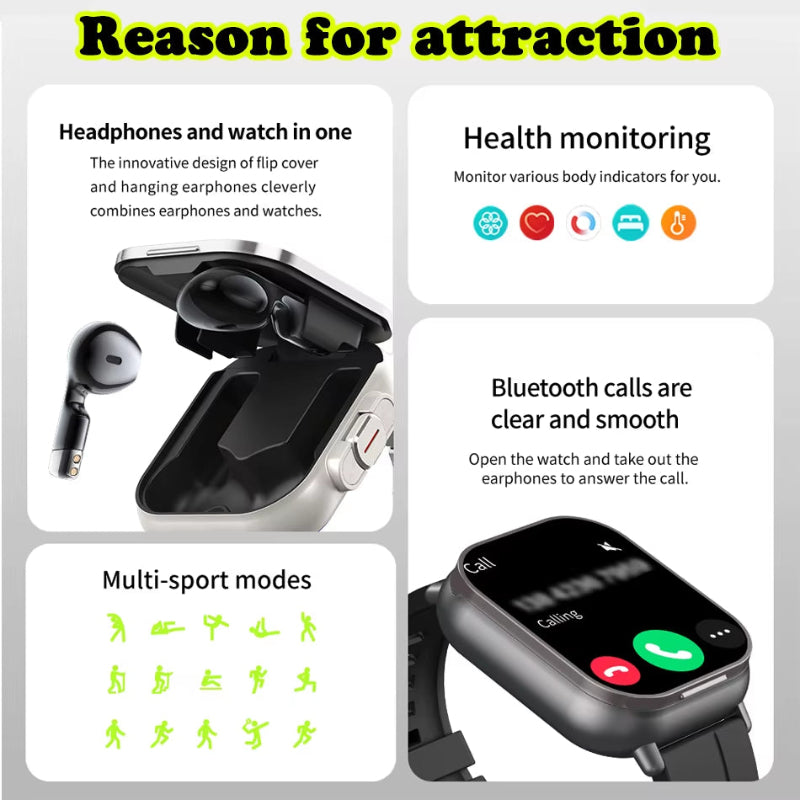2024 New TWS 2-In-1 with Headset Smart Watch Bluetooth Call Men Watch GPS Track Smartwatch Heart Rate Monitor Play Music Watch